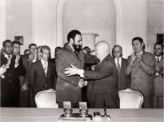 Fidel Castro embracing Soviet Premier Nikita Khrushchev, 1961.source