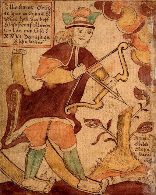 Ullr with his skis and his bow. From the 18th century Icelandic manuscript