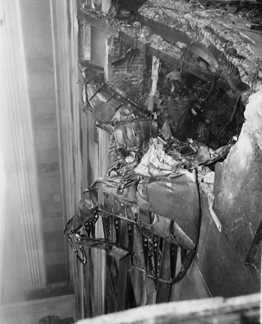 Photo of a B-25 bomber that crashed into the Empire States Building at the 78th floor in 1945.SOurce
