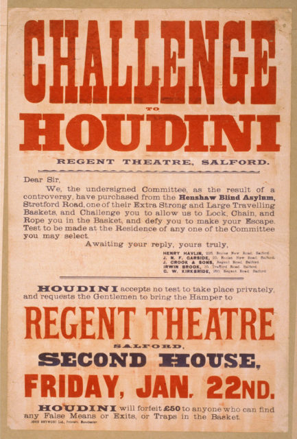 Poster promoting Houdini taking up the challenge of escaping an extra strong and large traveling basket.Source