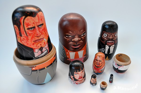 Pulp Fiction Nesting Dolls. Hand Painted by Andy Stattmiller.