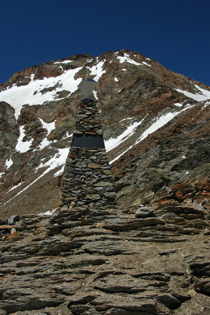 The Ötzi memorial near Tisenjoch. Ötzi was found ca. 70 m NE of here, a place indicated with a red mark.Source