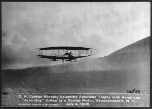 The June Bug on its prize-winning historic flight with Curtiss at the controls.