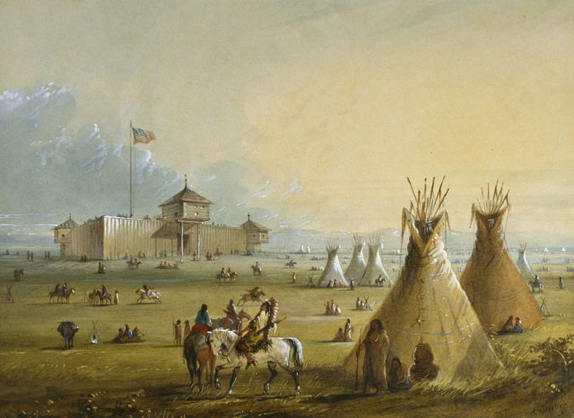 The first Fort Laramie as it looked prior to 1840. Painting from memory by Alfred Jacob Miller .Source