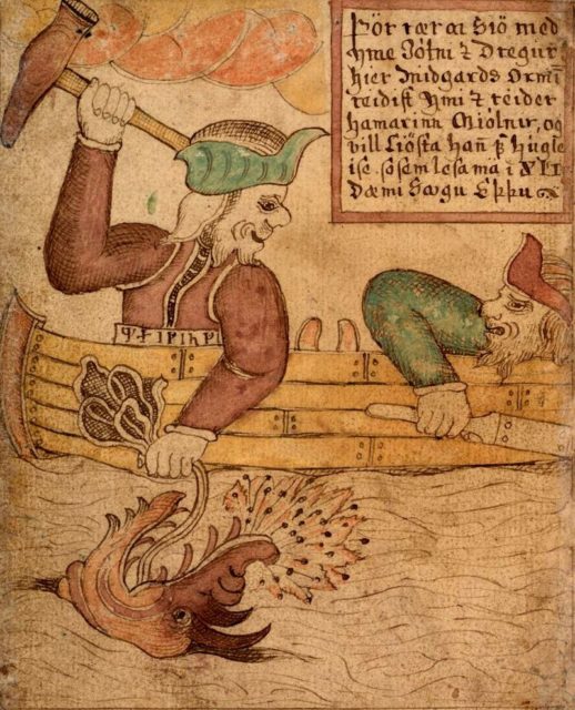 Thor goes fishing for Jörmungandr in this picture from an 18th-century Icelandic manuscript.