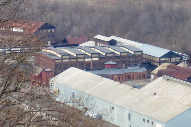View from Westmont, Pennsylvania. Blacksmith shop (octagon roof) and machine shop (raised roof) in the center.