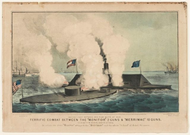 The first fight between ironclad ships of the American Civil War, in which the little Monitor whipped the Merrimac and the whole 'school' of Rebel steamers. Source