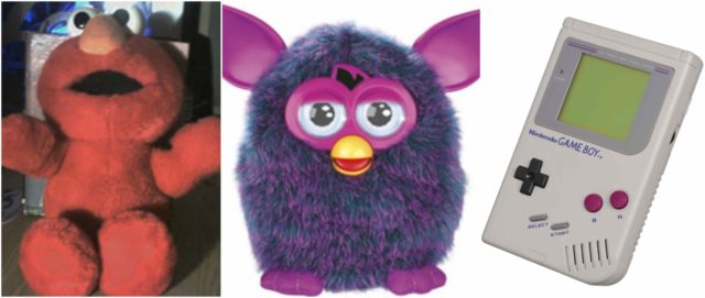 Left photo - Tickle me Elmo. Source, Middle photo - The current Furby model (2012–present); depicted is the Voodoo Purple version. Source, Right photo - Game Boy Nintendo. Source