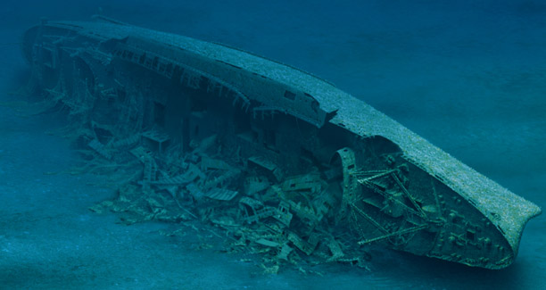 A painting of the decaying Andrea Doria circa 2005, with her superstructure gone and hull broken after 50 years of submersion in swift North Atlantic currents.Source