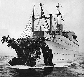 After colliding with Andrea Doria, Stockholm, with severely damaged prow, heads to New York. Source