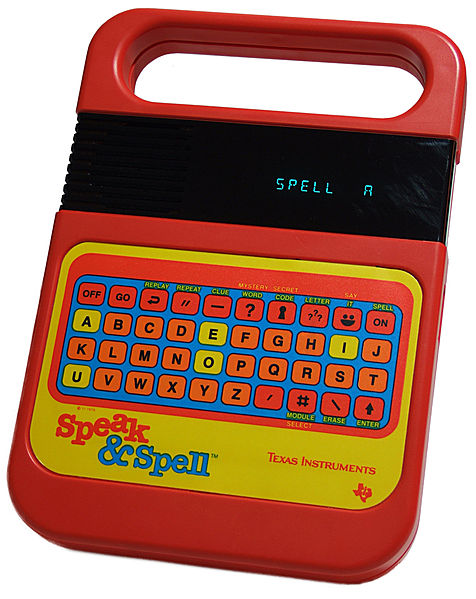 An American 1986-model Speak & Spell with membrane keyboard and redesigned faceplate graphics