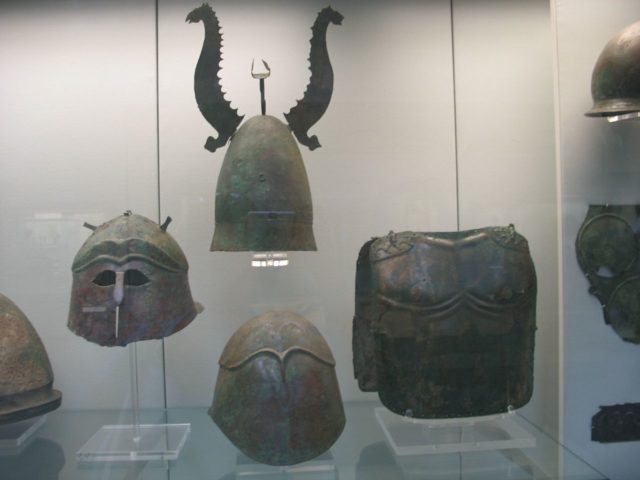 Bronze Gladiator Helmets & Breastplate, The British Museum, Bloomsbury, London.Source