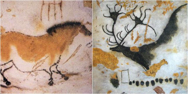 Cave painting of a dun horse at Lascaux, Megaloceros with line of dots