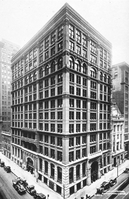 Exterior of the Home Insurance Building by architect William Le Baron Jenney in Chicago, Illinois.