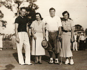 From right to left - Zaharias, Babe Ruth, Glenna Collett-Vare, and Lloyd Gullickson in a charity golf event for All Children's Hospital in 1934.