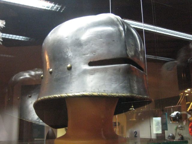 German helmet, c. 1480. Photograph taken at the Powder Tower in Prague.Source
