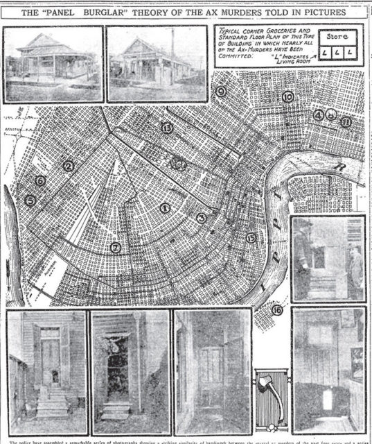 Illustrated map on rash of axe murders in New Orleans, 1919.Source