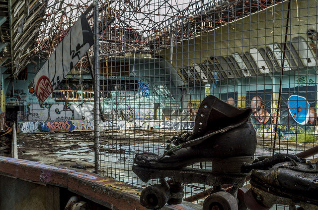 Long-forgotten skates, shoes and wheels still strewn about the ruin add to its eerie atmosphere.