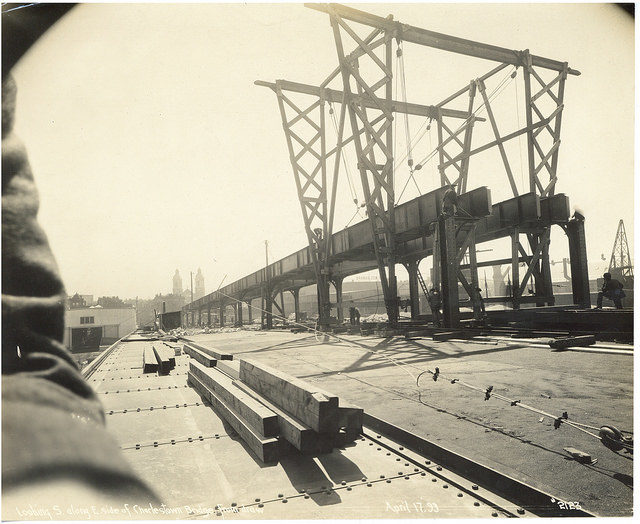 Looking south along east side of Charlestown Bridge from draw