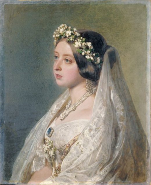 Queen Victoria, in her wedding dress and veil from 1840, painted in 1847 as an anniversary gift for her husband, Prince Albert.Source