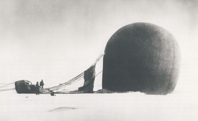 S. A. Andrée and Knut Frænkel with the crashed balloon on the pack ice, photographed by the third expedition member, Nils Source