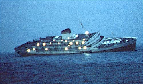 SS Andrea Doria the morning after the collision with the MS Stockholm in fog off Nantucket Island Source