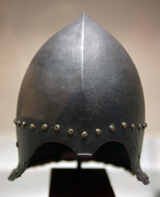 Sallet, c. 1470. Transitional form from the barbuta to the lighter Late Gothic sallet. Source