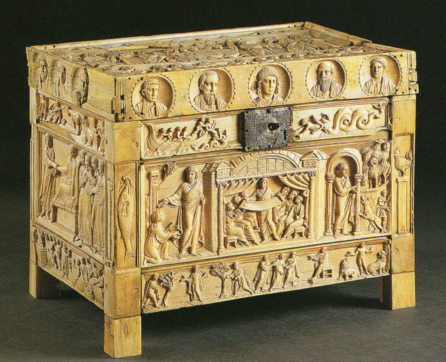The Brescia Casket, one of the best survivals of the sort of Late Antique models the Franks Casket emulates. Late 4th century.Source