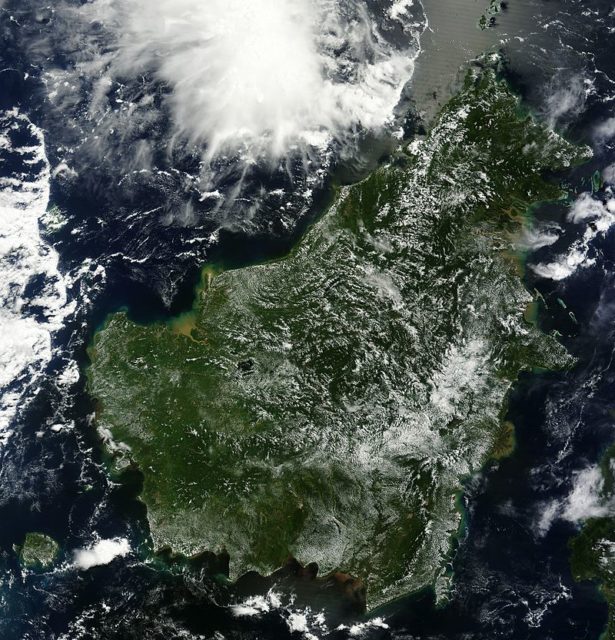 True-colour satellite image of the island of Borneo on 14 May 2012, as taken by the Terra satellite.Source