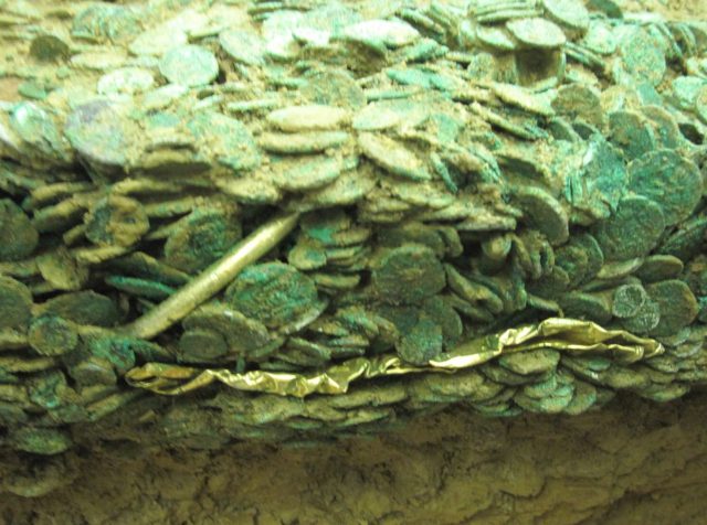 Two gold torcs have been identified at the edge of the mass of coins.Source