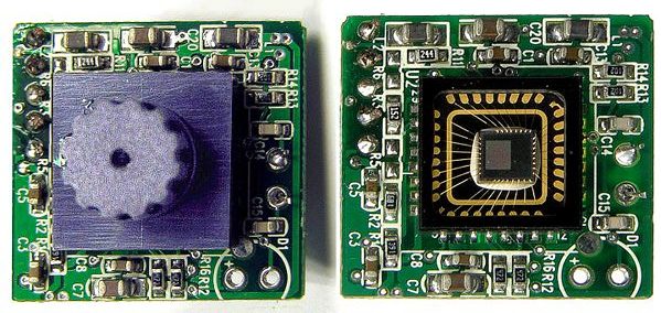Webcams typically include a lens (shown at top), an image sensor (shown at bottom), and supporting circuitry. Wikipedia/Public Domain