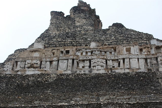 Carvings on the peak of the El Castillo pyramid (Structure A6) at Xunantunich, Belize.