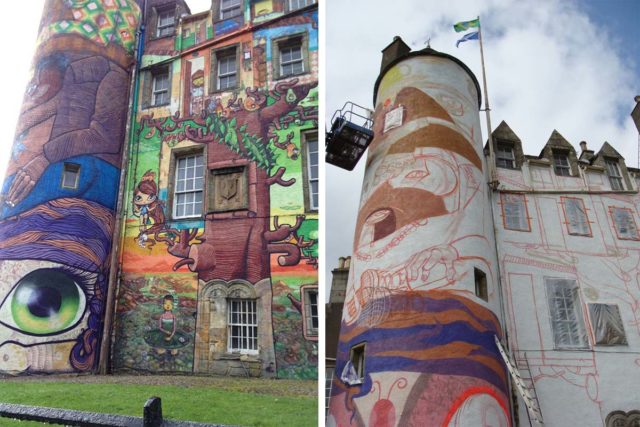 A contrast between 16th-century building in the woods of Scotland and 21st-century urban Brazilian graffiti. 1- By Lirazelf/CC BY-SA 4.0 2- By Will Lord/Flickr/CC BY-SA 2.0