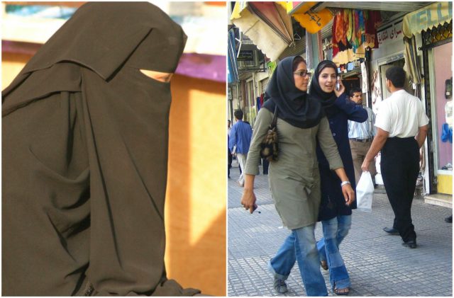 Left photo - Woman in Saudi Arabia. By Walter Callens - http://www.flickr.com/photos/waltercallens/385807779/, CC BY 2.0, https://commons.wikimedia.org/w/index.php?curid=9561763 Right photo - Women in Iran (2005). By Zoom Zoom - originally posted to Flickr as Women on the street, CC BY-SA 2.0, https://commons.wikimedia.org/w/index.php?curid=6027281