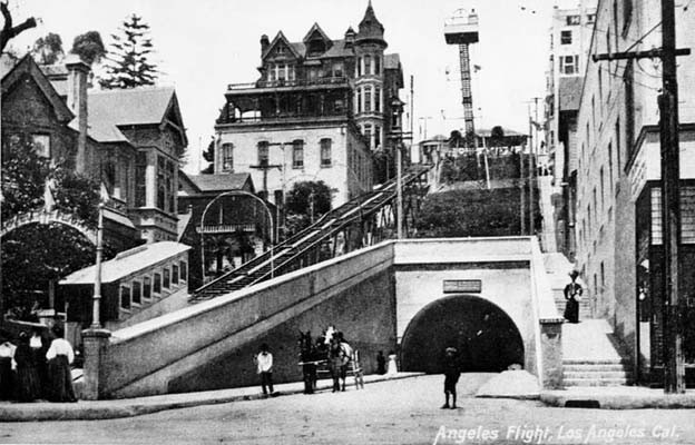 Angels Flight; c. 1905, View with the Third Street Tunnel and an observation tower. Wikipedia/Public Domain