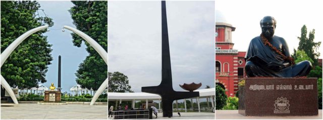 Left photo -Anna Arch. Source, Middle photo - Anna memo. Source, Right photo - The statue of Annadurai at the College of Engineering, Guindy campus of Anna University which is named after him. Source