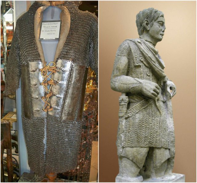 Left photo - Riveted mail and plate coat zirah bagtar. Armour of this type was introduced into India under the Mughals. By Samuraiantiqueworld - Own work, CC BY-SA 3.0, https://commons.wikimedia.org/w/index.php?curid=11666187 Right photo - Statue of a Gallic warrior in mail. By original picture : Fabrice Philibert-Caillat (Fphilibert)of the modification : Eric Gaba (Sting) - This is an enhanced version of Image:Guerrier_de_Vachères_(profil).png (under GFDL) photographed by Fabrice Philibert-Caillat, CC BY-SA 3.0, https://commons.wikimedia.org/w/index.php?curid=1265434