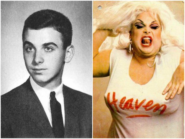 Left photo - Glenn "Divine" Milstead's high school yearbook photo at age 17. Source, Right photo - Divine in a publicity photograph from the 1980s