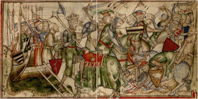 Harald landing near York (left), and defeating the Northumbrian army (right), from the 13th century chronicle The Life of King Edward the Confessor by Matthew Paris. Harald had a huge ship built around 1060, called Ormen ("The Serpent").