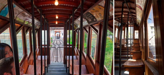 Interior of the renovated Angels Flight car in March 2010. 1-By David Hilowitz/Flickr/CC BY 2.0. 2.-By By MarieVelde/CC BY 3.0,