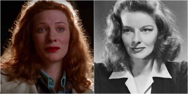 Left photo - Cate Blanchett playing Katharine Hepburn in "The Aviator". Source: YouTube. Right photo - Katharine Hepburn. Wikipedia/Public Domain