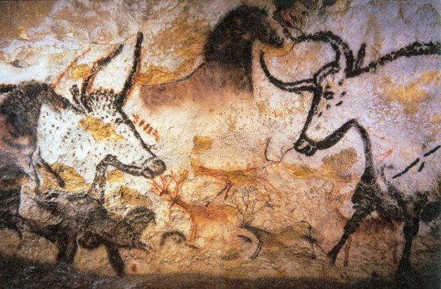 Cave painting of Aurochs, horses, and deer at Lascaux Source:By Prof saxx - Own work, CC BY-SA 3.0, https://commons.wikimedia.org/w/index.php?curid=2846254