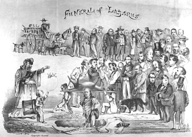 Lazarus' funeral as depicted by Jump. At the rear of the cortege is the dogcatcher in his cart. Emperor Norton presides over the service.Source
