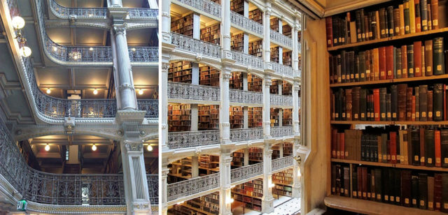 Left - Detail of stair and railings. Right - View of the George Peabody Library from the third floor stacks. Source1 Source2
