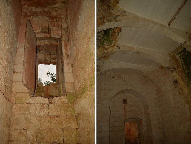 Left - One of the former entrances to the farm. Right - The arched ceiling is a late example of architecture by the Knights. Source1 Source2