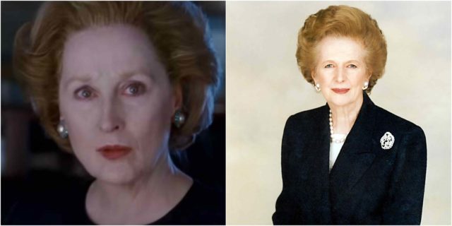 Left photo - Meryl Streep playing Margaret Thatcher in "The Iron Lady". Source: YouTube. Right photo - Margaret Thatcher. By work provided by Chris Collins of the Margaret Thatcher Foundation - Margaret Thatcher Foundation, CC BY-SA 3.0, https://commons.wikimedia.org/w/index.php?curid=5185418