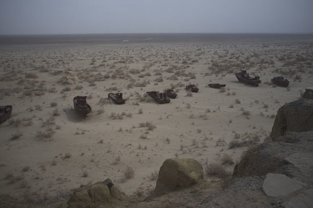 Mo‘ynoq is now dozens of kilometers from the rapidly receding shoreline of the Aral Sea. Source