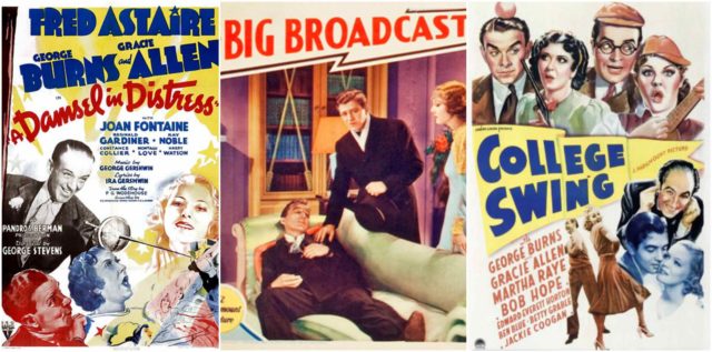 Left photo - A Damsel in Distress 1937 Movie poster. Middle photo - Lobby card for the film The Big Broadcast. Right photo - College Swing Film poster
