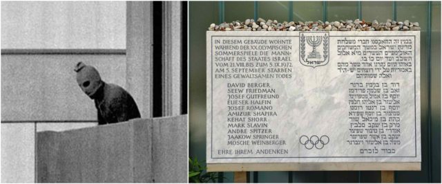 Left photo - One of the most reproduced photos taken during the siege captured a kidnapper on the balcony attached to Munich Olympic village Building 31, where members of the Israeli Olympic team and delegation were quartered.. Source, Right photo - Memorial plaque in front of the Israeli athletes' quarters. The inscription, in German and Hebrew, translates as:"The team of the State of Israel stayed in this building during the 20th Olympic Summer Games from 21 August to 5 September 1972. On 5 September, [list of victims] died a violent death. Honor to their memory". Source