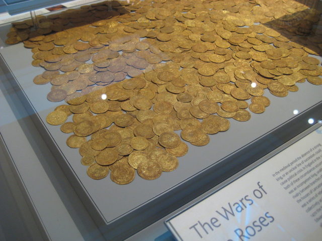 Pile of gold coins from the Fishpool Hoard on display at the British Museum.Source